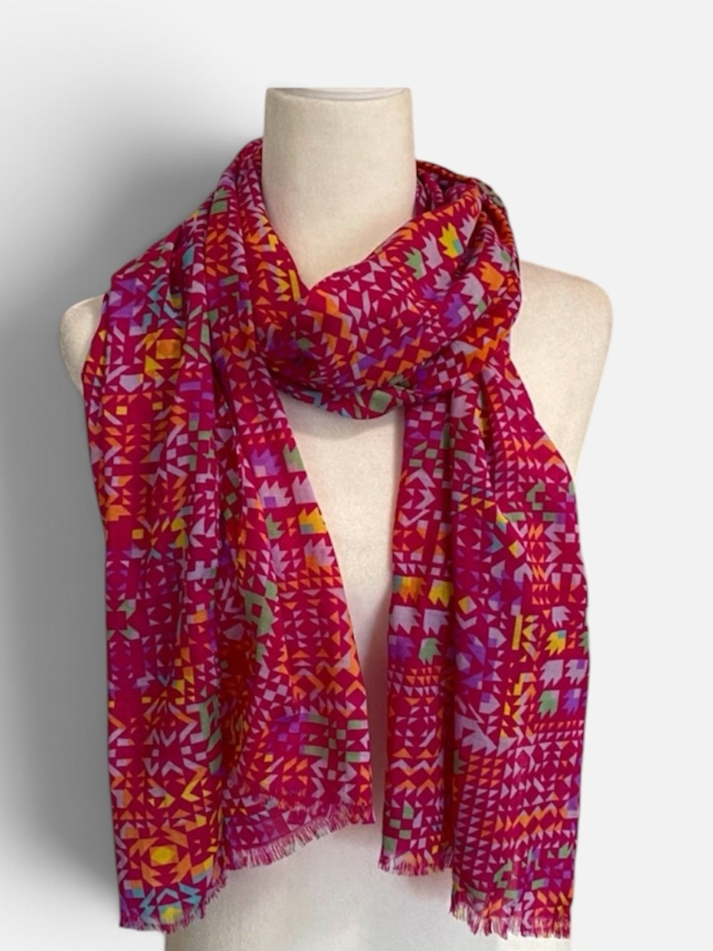 Magenta Pink Geometric Color Block Abstract Floral Oblong Scarf Lightweight
